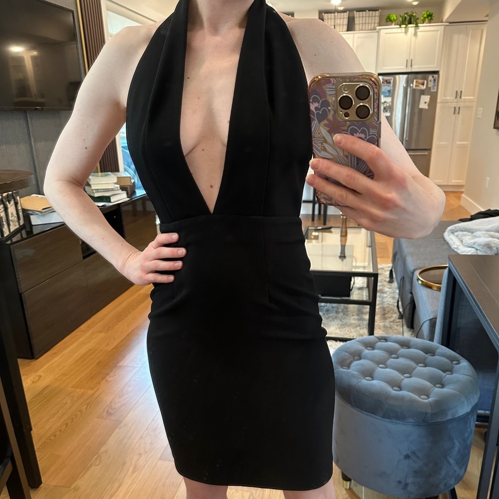 Solace London Black Elora Mini Deep V Dress, Size 4
